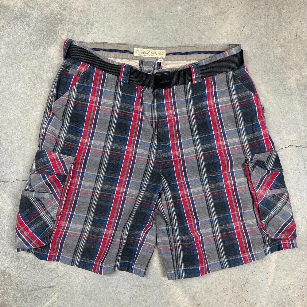 Cabelas Cargo Shorts Casuals Mens 40 Belted Plaid Red Blue Relaxed Fit 9" Inseam